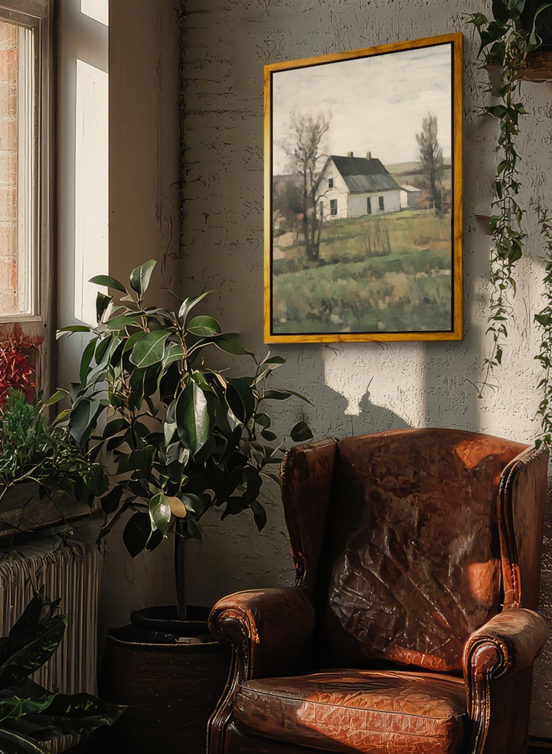 LOWHA Canvas Wall Art Stretched Over Wooden Frame with Wooden Color Floating Frame and Vintage Style Rural Scenery Painting - Image 2