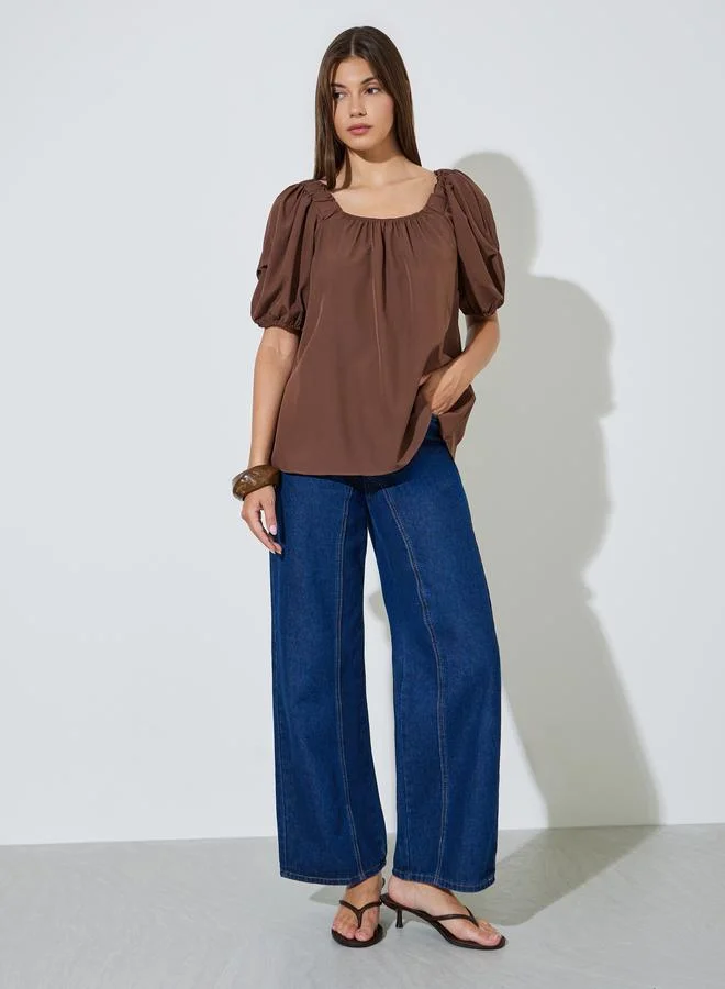 ستايلي Brown Solid Puff Sleeve Blouse
