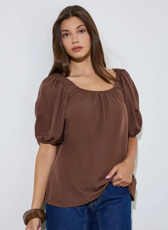 ستايلي Brown Solid Puff Sleeve Blouse