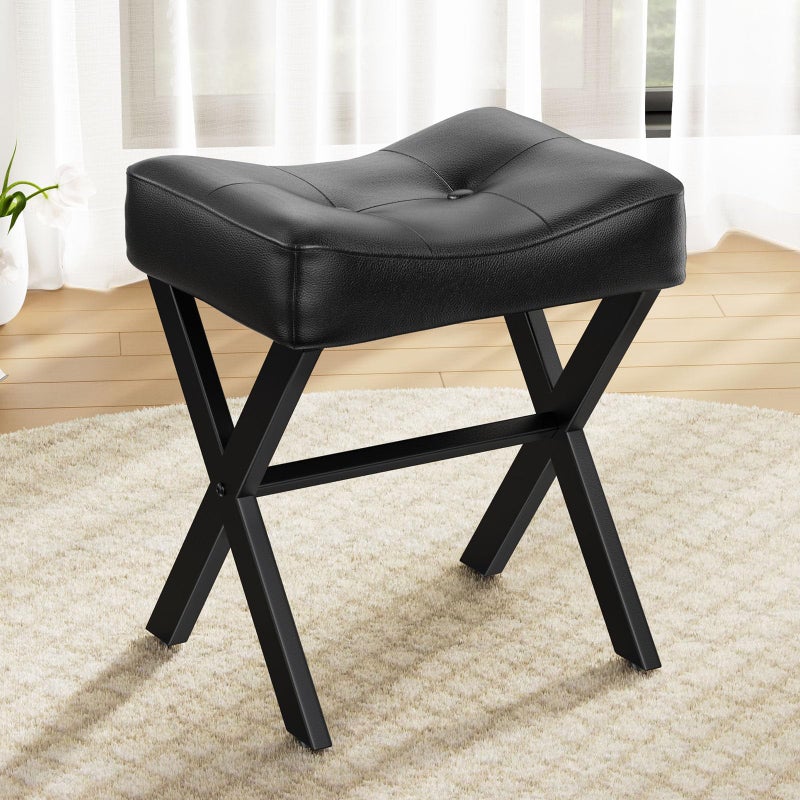 Memobarco 18Inch Leather Vanity Stool Chair Vanity Bench with Metal XLeg Ottoman Accent Stool with Thick Padded Saddle Seat Black