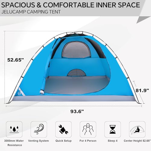 JELUCAMP 4 Person Dome Tents for Camping, Lightweight Portable Family Dome Tent, Easy Setup Waterproof Camping Tent for 3 Season, 4 Person Outdoor Tent, Blue - Image 2