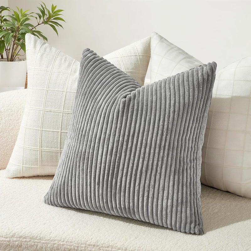 غطاء وسادة زخرفي من ، مقاس 65 × 65 سم من الكوردورو باللون الرمادي، بنقش أشعة، لغرفة المعيشة. - Image 3