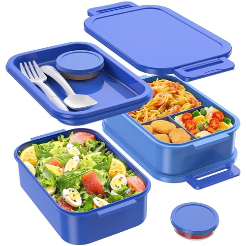 Jelife Adult Bento Lunch Box - 3 Layers Stackable Bento Lunch Box for Adults, 72oz Large All-in-One Bento Box Leak-Proof Lunch boxes with Utensil Sauce Containers, Ideal for Dining Out,Work, Blue - Image 1