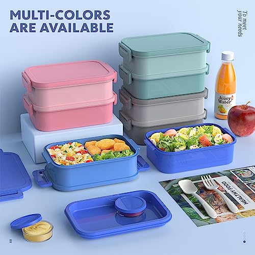 Jelife Adult Bento Lunch Box - 3 Layers Stackable Bento Lunch Box for Adults, 72oz Large All-in-One Bento Box Leak-Proof Lunch boxes with Utensil Sauce Containers, Ideal for Dining Out,Work, Blue - Image 2