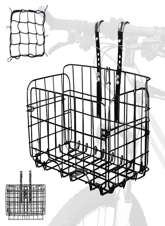 Aikolesa Front Bike Basket, Folding Bicycle Basket Removable Separate Adjustable Front Basket for Bicycle Rear Metal Wire Hanging Handlebar Bicycle Basket, Black - Image 1