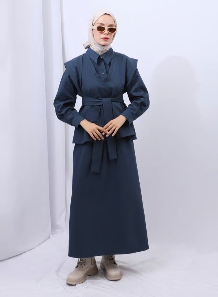 Elyaa Fashions Ella Women's 3-Piece Set - Shirt, Skirt, Vest with Wide Belt - 100% Linen Cotton - Dark Navy - Image 4