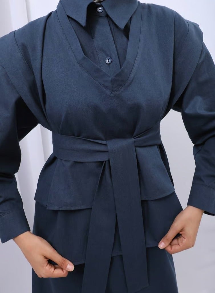 Elyaa Fashions Ella Women's 3-Piece Set - Shirt, Skirt, Vest with Wide Belt - 100% Linen Cotton - Dark Navy - Image 3