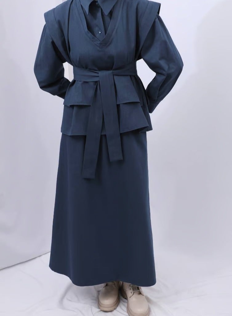 Elyaa Fashions Ella Women's 3-Piece Set - Shirt, Skirt, Vest with Wide Belt - 100% Linen Cotton - Dark Navy - Image 2