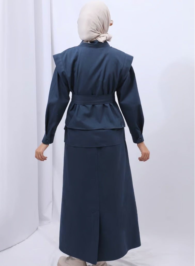 Elyaa Fashions Ella Women's 3-Piece Set - Shirt, Skirt, Vest with Wide Belt - 100% Linen Cotton - Dark Navy - Image 1