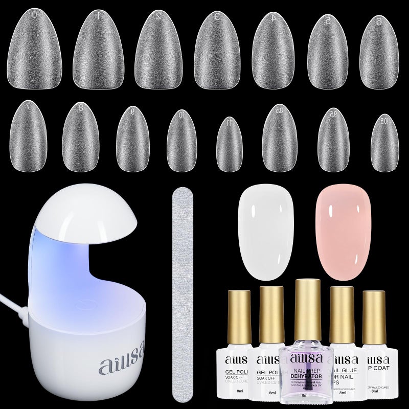 AILLSA Almond Nail Kit with U V Lamp 240pcs Short Gel Nail Tips and Glue Gel Kit with 2 in 1 Nail Glue Base Top Coat and Nail Dehydrator for Beginners DIY Home Salon - Image 1