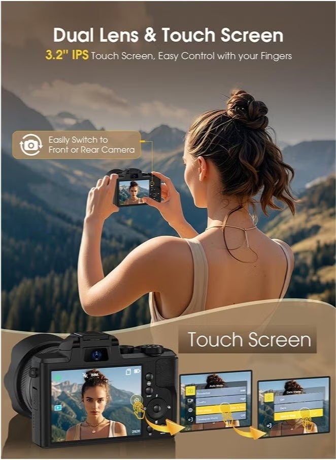 ديقيساند كاميرا رقمية بدقة 8K، كاميرا بدقة 88 ميجابكسل للتصوير الفوتوغرافي مع واي فاي وشاشة لمس، كاميرا فيديو بتقريب 16x، ضبط تلقائي للصورة ومضاد للاهتزاز، كاميرا مزدوجة، بطاريات، بطاقة ذاكرة 128 جيجابايت، فلاش، غطاء عدسة (أسود) - Image 4