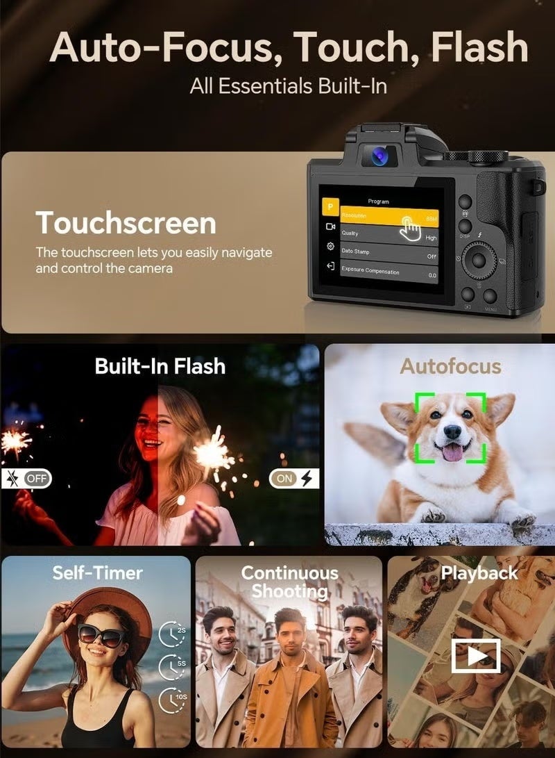 ديقيساند كاميرا رقمية بدقة 8K، كاميرا بدقة 88 ميجابكسل للتصوير الفوتوغرافي مع واي فاي وشاشة لمس، كاميرا فيديو بتقريب 16x، ضبط تلقائي للصورة ومضاد للاهتزاز، كاميرا مزدوجة، بطاريات، بطاقة ذاكرة 128 جيجابايت، فلاش، غطاء عدسة (أسود) - Image 5