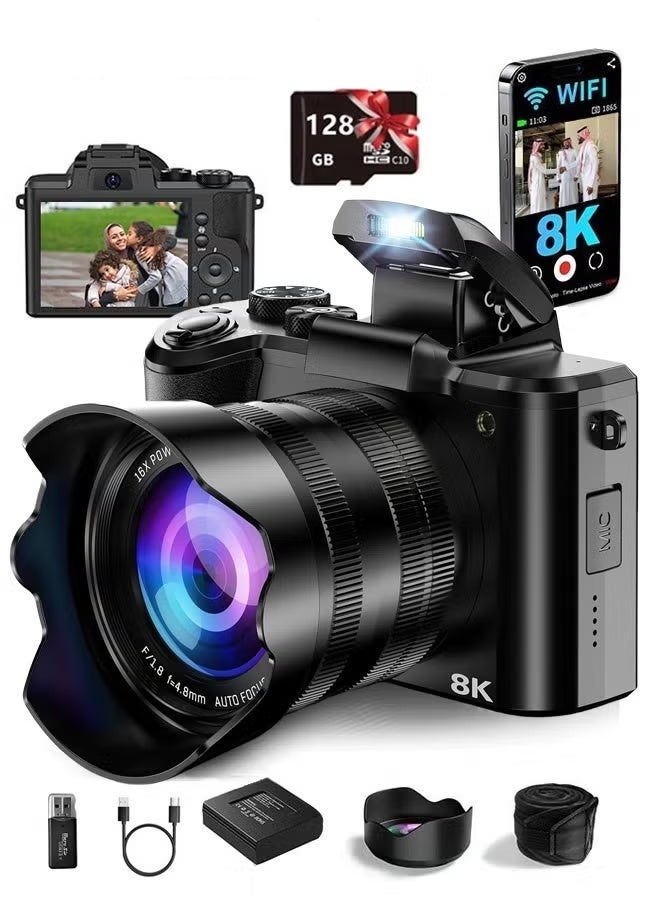 ديقيساند كاميرا رقمية بدقة 8K، كاميرا بدقة 88 ميجابكسل للتصوير الفوتوغرافي مع واي فاي وشاشة لمس، كاميرا فيديو بتقريب 16x، ضبط تلقائي للصورة ومضاد للاهتزاز، كاميرا مزدوجة، بطاريات، بطاقة ذاكرة 128 جيجابايت، فلاش، غطاء عدسة (أسود) - Image 1