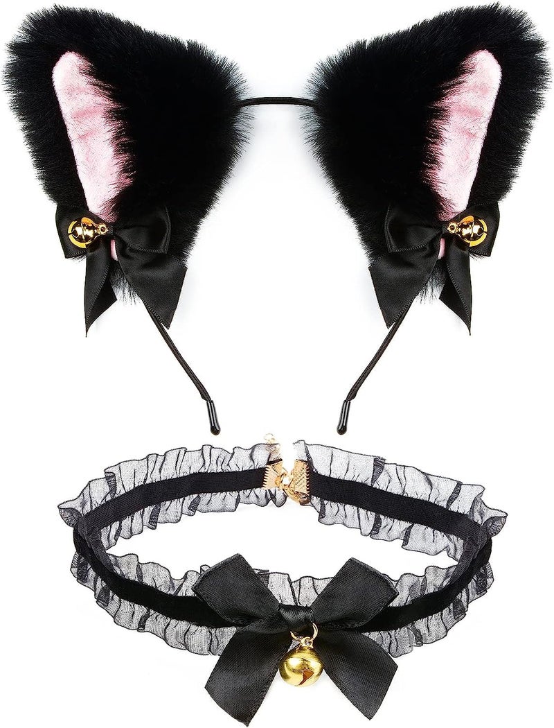 TOPPROSPER Fox Cat Ears Anime Cosplay - Animal Wolf Headwear, Halloween Headband,Headpiece Costume Accessories with Bells (Black+Necklace) - Image 1