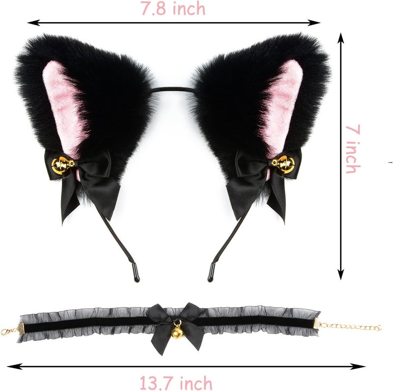 TOPPROSPER Fox Cat Ears Anime Cosplay - Animal Wolf Headwear, Halloween Headband,Headpiece Costume Accessories with Bells (Black+Necklace) - Image 4