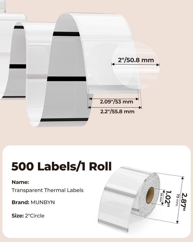 MUNBYN 2 Inch Transparent Round Thermal Label, Self-Adhesive Clear Waterproof Circle Sticker for Logo Design, Multipurpose Direct Thermal Labels, 500 Sheets/1 Roll - Image 2