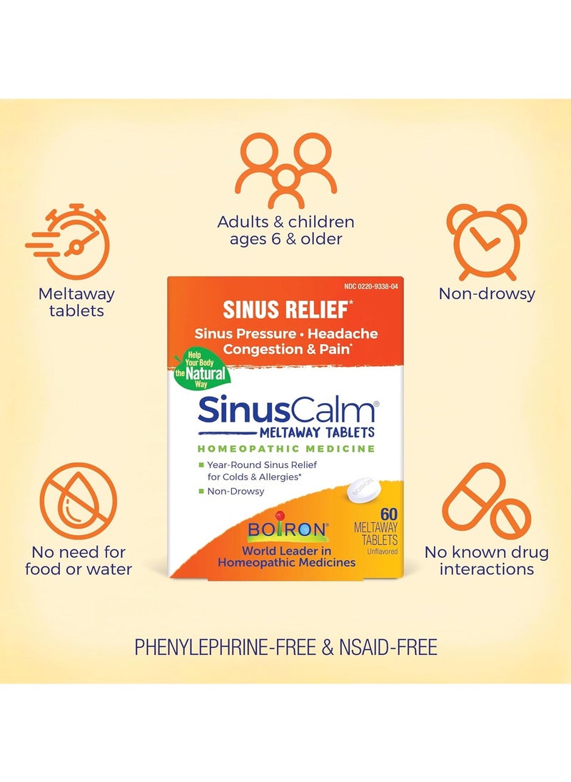 Boiron - SinusCalm Meltaway Tablets - For Sinus Relief, Sinus Pressure, Headache, Congestion & Pain, Year-Round Sinus Relief For Cold & Allergies, Non-Drowsy - 60 Count Unflavored - Image 1