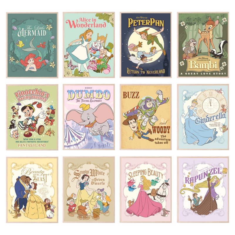 BigWig Prints Princess Wall Art, Nursery Decor, Princess Room Decor Nursery Artwork, Vintage Bambi Cinderella Little Mermaid Dumbo Pinocchio Snow White Peter Pan Beauty Beast - Unframed Set Of 12 (8x10") - Image 1