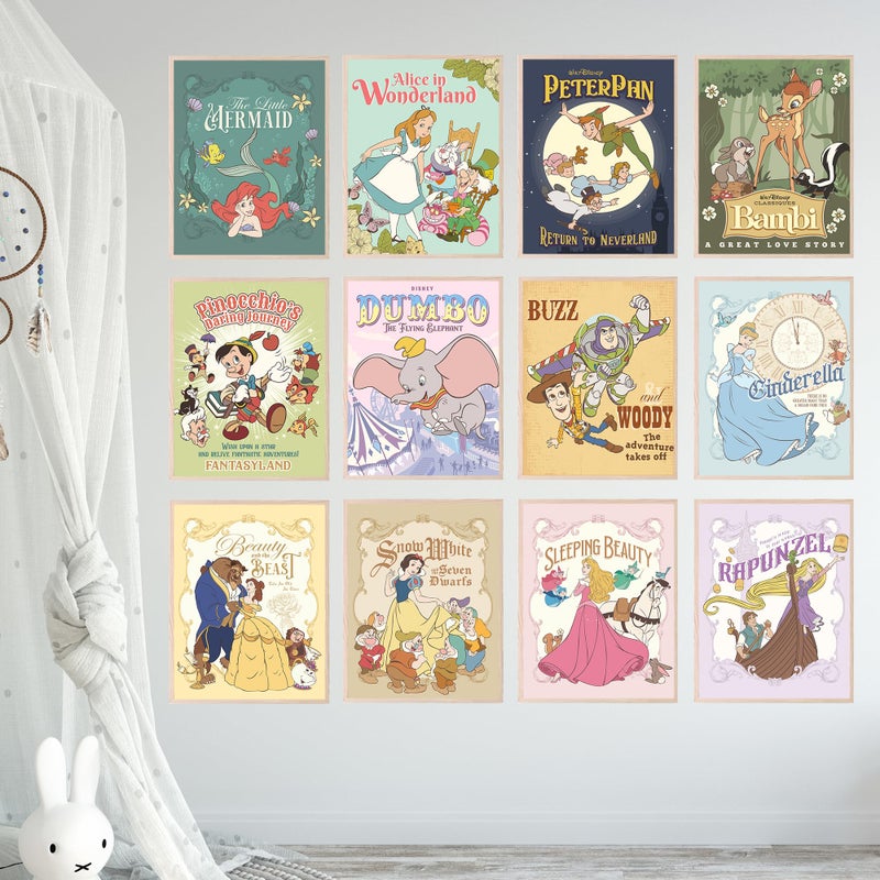 BigWig Prints Princess Wall Art, Nursery Decor, Princess Room Decor Nursery Artwork, Vintage Bambi Cinderella Little Mermaid Dumbo Pinocchio Snow White Peter Pan Beauty Beast - Unframed Set Of 12 (8x10") - Image 3