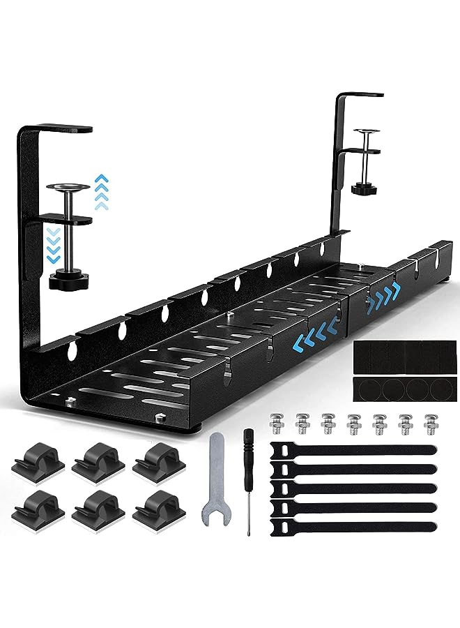 PROMASS Desk Cable Management Tray, Adjustable 13.8'' into 21.8'' No Drill Wire Organizer, Cord Management with Cable Holder Ties for Office Home Desk Cable Hider, Black - Image 1