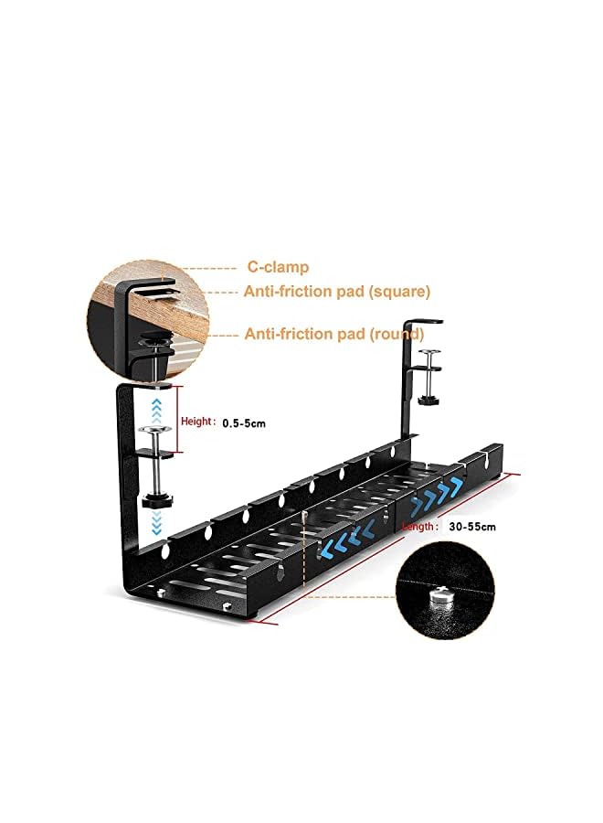 PROMASS Desk Cable Management Tray, Adjustable 13.8'' into 21.8'' No Drill Wire Organizer, Cord Management with Cable Holder Ties for Office Home Desk Cable Hider, Black - Image 2