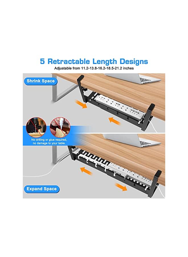 PROMASS Desk Cable Management Tray, Adjustable 13.8'' into 21.8'' No Drill Wire Organizer, Cord Management with Cable Holder Ties for Office Home Desk Cable Hider, Black - Image 3