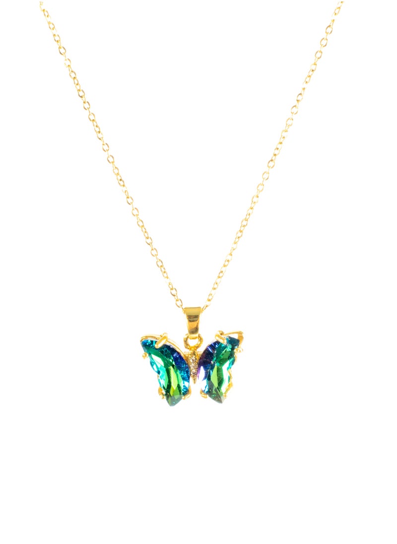 The Black Pearl Accessories - Stainless Steel Necklace with a Green Crystal Stone Butterfly - Image 1