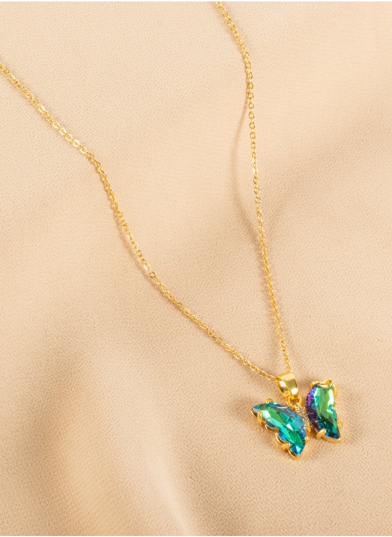The Black Pearl Accessories - Stainless Steel Necklace with a Green Crystal Stone Butterfly - Image 1