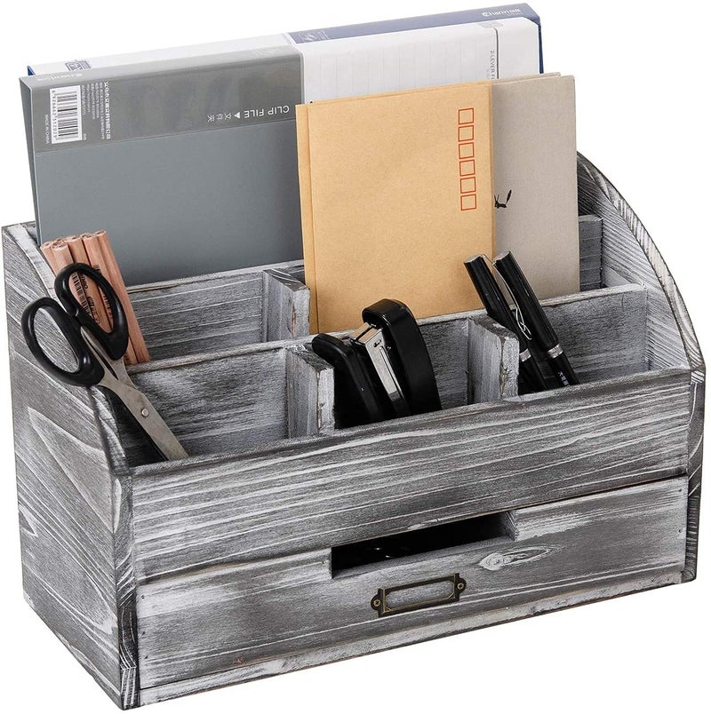VERGOODR Rustic Wooden Office Desk Organizer 5 Compartment with 2 Drawer &Counter Home Tabletop Desktop Jewelry Mail Rack Storage Box for Pens Notebooks Folders Pencils (Grey white) - Image 1