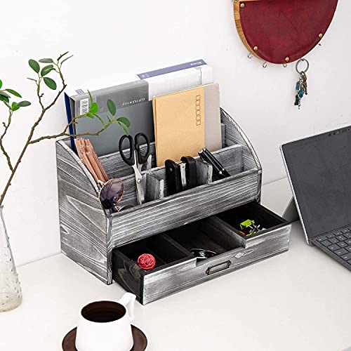 VERGOODR Rustic Wooden Office Desk Organizer 5 Compartment with 2 Drawer &Counter Home Tabletop Desktop Jewelry Mail Rack Storage Box for Pens Notebooks Folders Pencils (Grey white) - Image 5