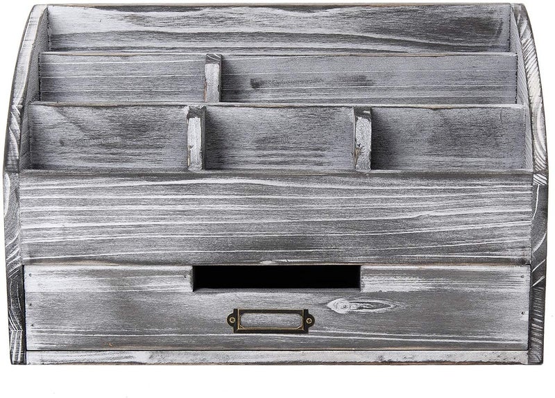 VERGOODR Rustic Wooden Office Desk Organizer 5 Compartment with 2 Drawer &Counter Home Tabletop Desktop Jewelry Mail Rack Storage Box for Pens Notebooks Folders Pencils (Grey white) - Image 3