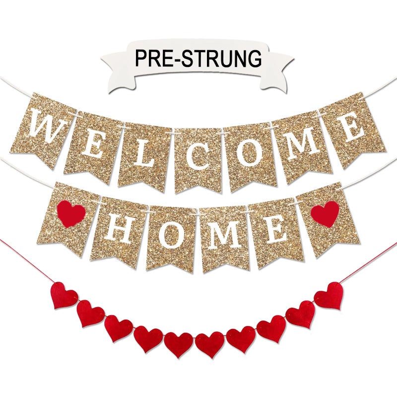 Gold Welcome Home Banner Fully Assembled and Ready to Hang Glitter Welcome Home Decoration for Housewarming Military Homecomings and Family Celebrations 8 ft StrandGold WelcomeHome
