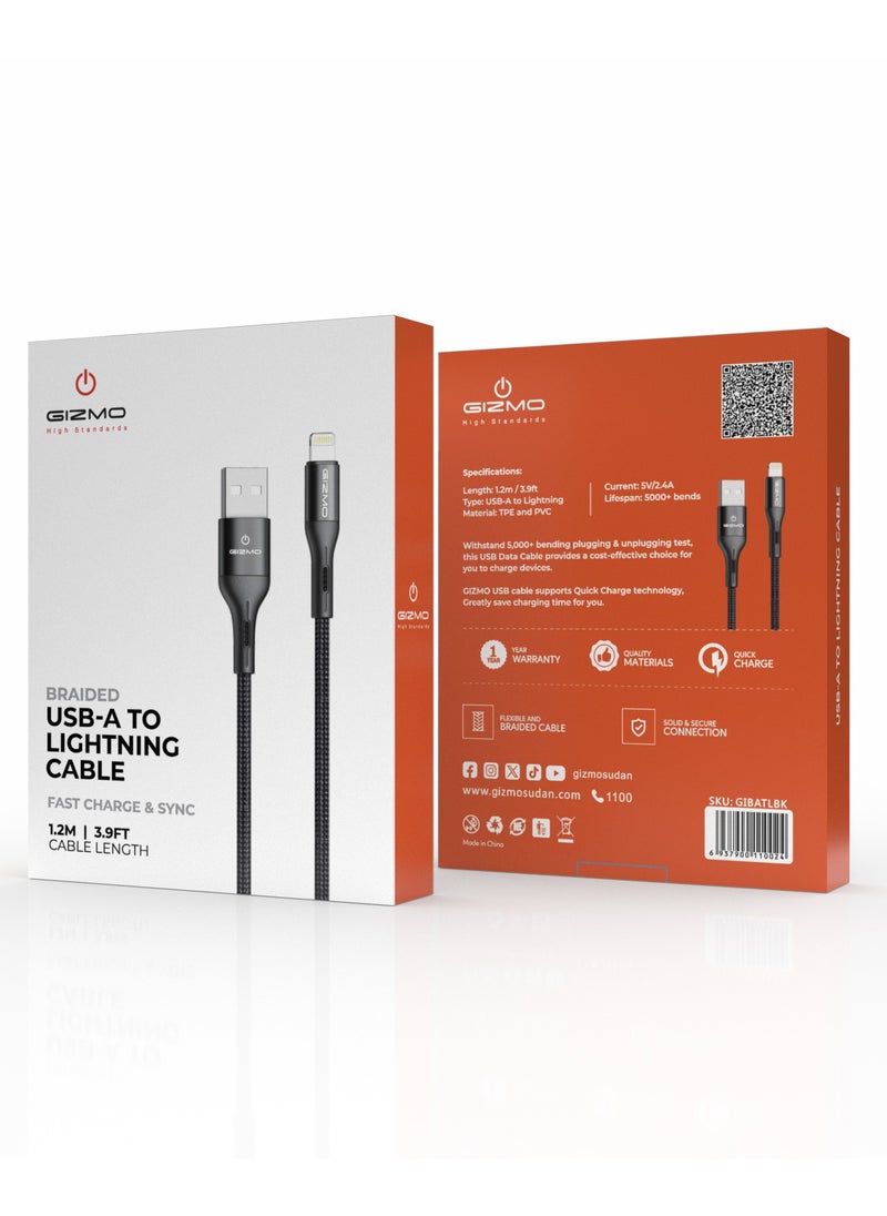 Gizmo Braided USB-A to Lightning Cable / For Charging and Data Transfer / Support Fast Charging / Made of Durable and Resistant Fabric / Supports all Lightning Charging Devices - Black  - Image 2