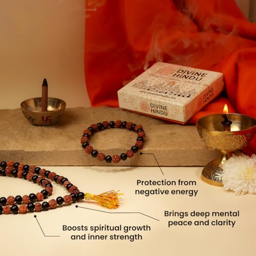 Divine Hindu Karungali & Rudraksha Set of Mala & Bracelet | Natural Ebony Wood & Sacred Rudraksha Beads, Handcrafted Spiritual Jewelry | Meditation, Pooja, Protection | For Men & Women - Image 3