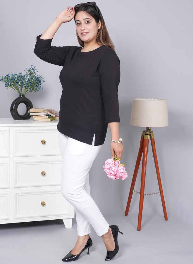 Mlada Store Mlada Women Stretchable Round Neck Slim Fit Solid Cotton T-shirt - Image 5