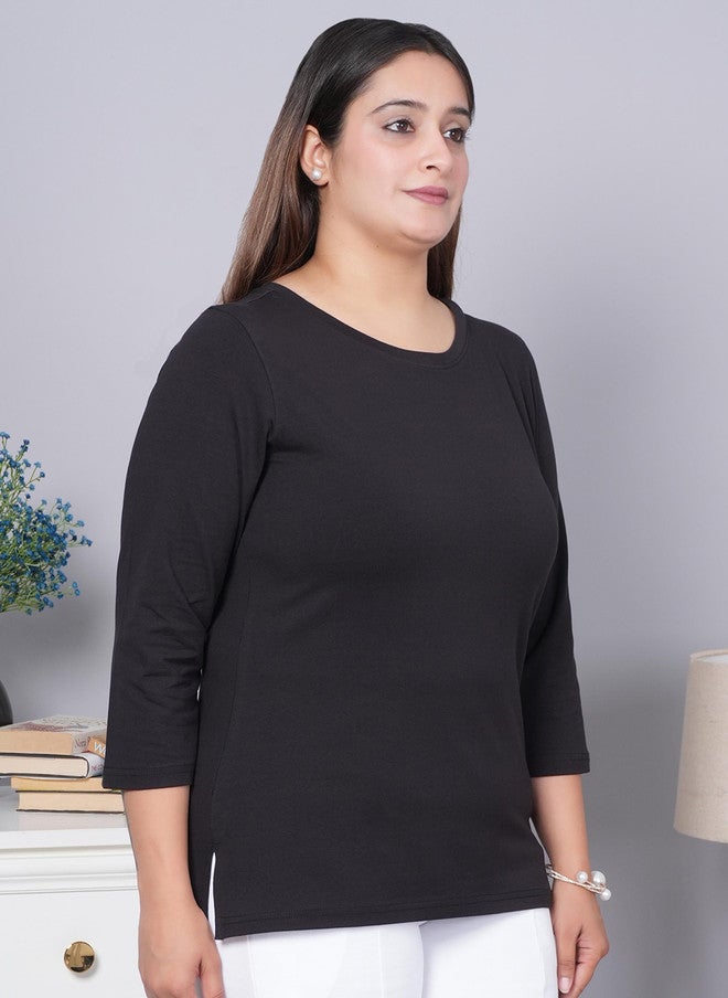 Mlada Store Mlada Women Stretchable Round Neck Slim Fit Solid Cotton T-shirt - Image 3