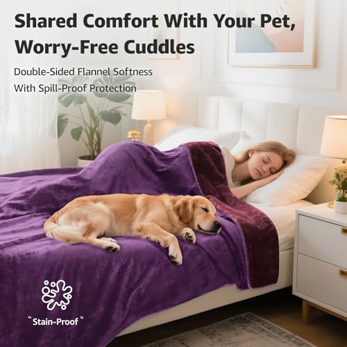 LOOBANI Waterproof Blanket for Bed: Reversible Soft Flannel Twin Bed Blanket 60" x 80", Leakproof Throw Spill-Proof Dog Pet Blanket for Couch, Sofa Protect, Movie Time, Camping, Travel, Purple - Image 2
