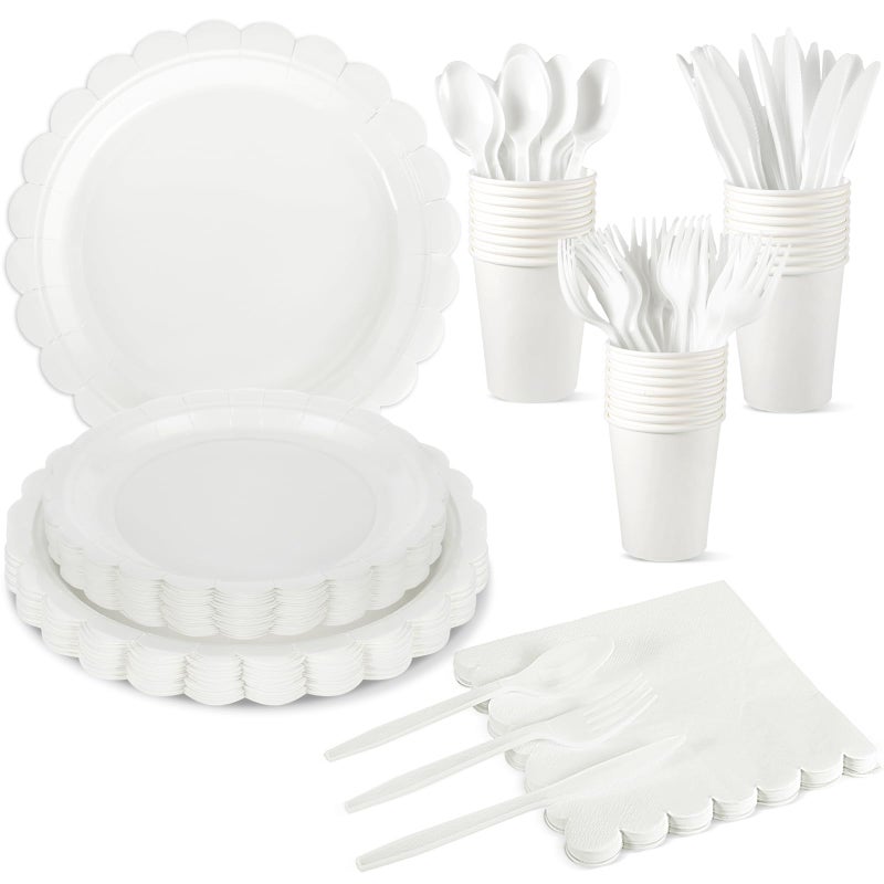 Xiangqu 175 Pcs White Paper Plates and Napkins  25 Guest White Party Supplies Include Scalloped Plates Paper Napkin Cup Plastic Spoon Fork Knive for Baby Shower  Wedding  Birthday - Image 1