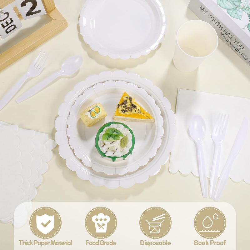 Xiangqu 175 Pcs White Paper Plates and Napkins  25 Guest White Party Supplies Include Scalloped Plates Paper Napkin Cup Plastic Spoon Fork Knive for Baby Shower  Wedding  Birthday - Image 3