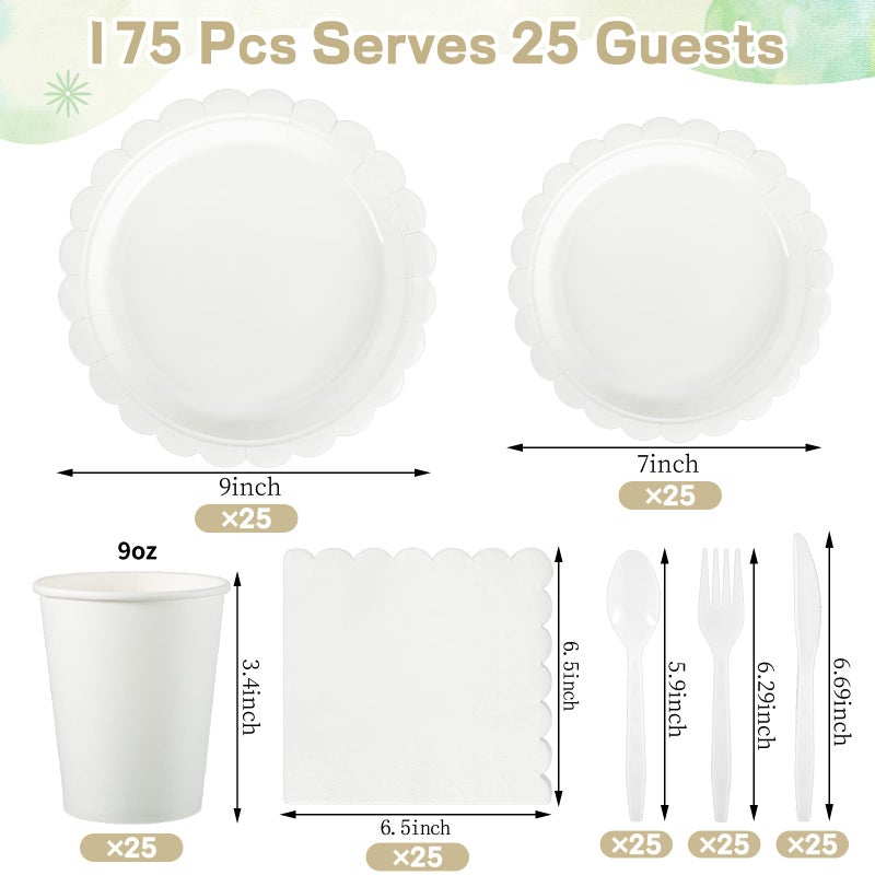 Xiangqu 175 Pcs White Paper Plates and Napkins  25 Guest White Party Supplies Include Scalloped Plates Paper Napkin Cup Plastic Spoon Fork Knive for Baby Shower  Wedding  Birthday - Image 2