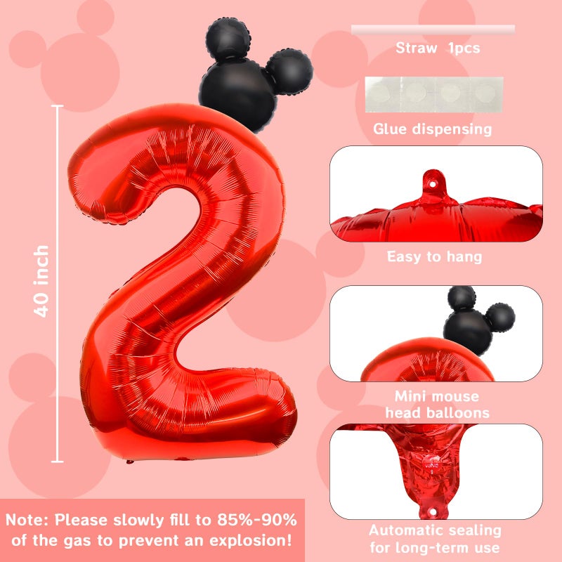 LEBERY Mouse Number 2 Balloon 40 Inch Red Number 2 Balloon Mini Mouse Head Balloons for 2nd Birthday Party, Black Red Large Numeral Two Foil Balloons for Baby Shower Anniversary Supplies Decoration - Image 5