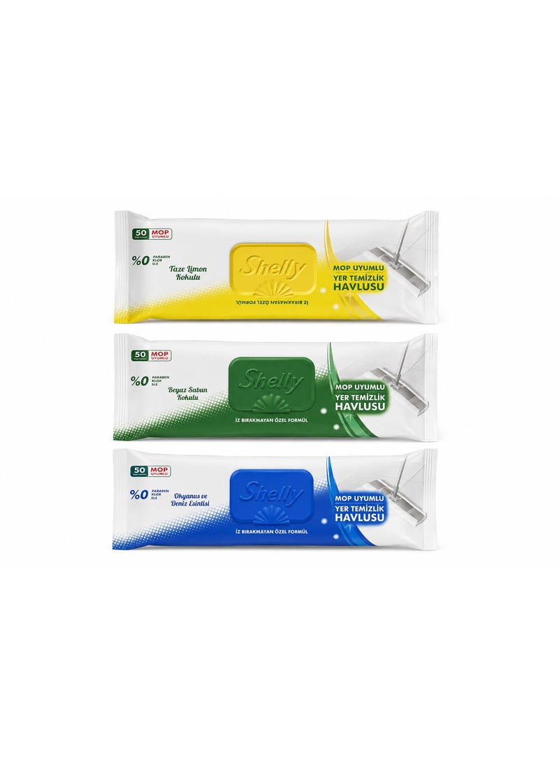 Floor cleaning wipes in lemon, soap, and ocean scents, compatible with mops for quick cleaning and lasting shine. Each pack contains 50 wipes.