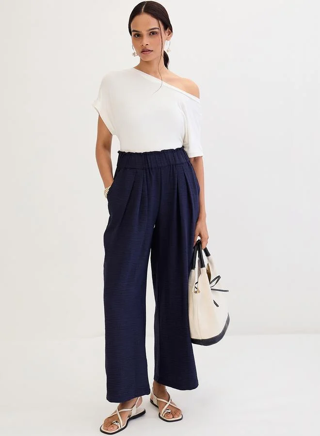 Femmella Navy Blue Wide Leg Pleat Detail Pants
