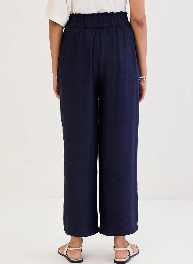 Femmella  Navy Blue Wide Leg Pleat Detail Pants for Women | Best Price UAE