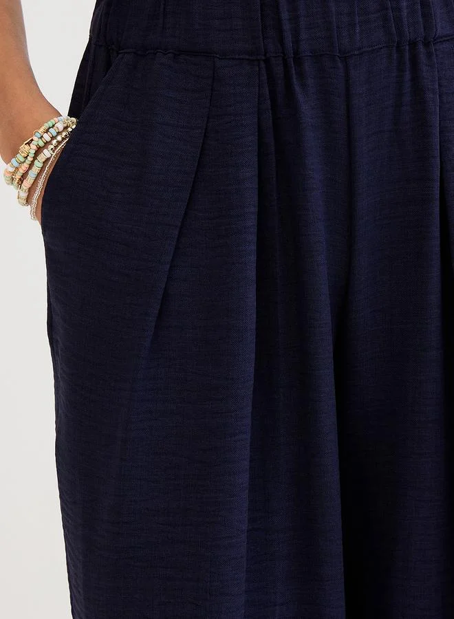 Femmella  Navy Blue Wide Leg Pleat Detail Pants for Women | Best Price UAE