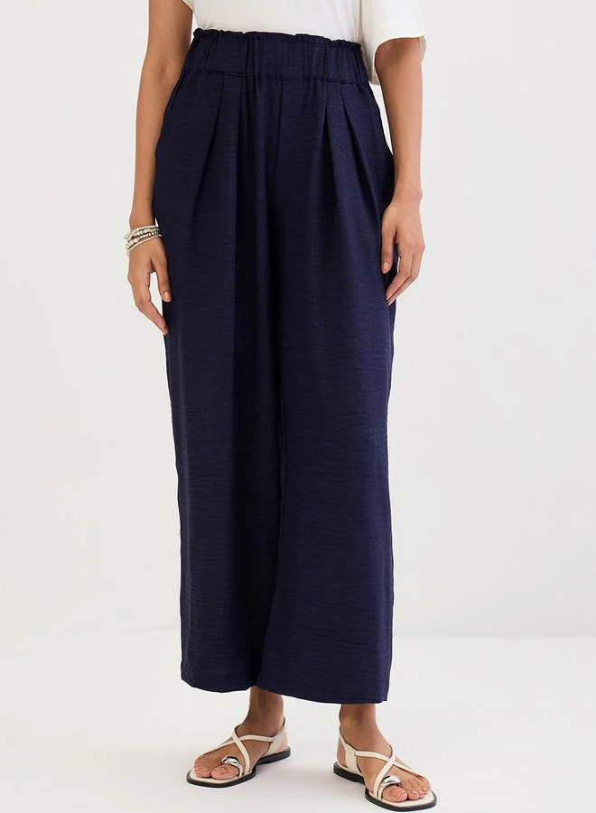 Femmella  Navy Blue Wide Leg Pleat Detail Pants for Women | Best Price UAE