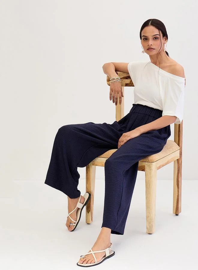 Femmella Femmella Navy Blue Wide Leg Pleat Detail Pants