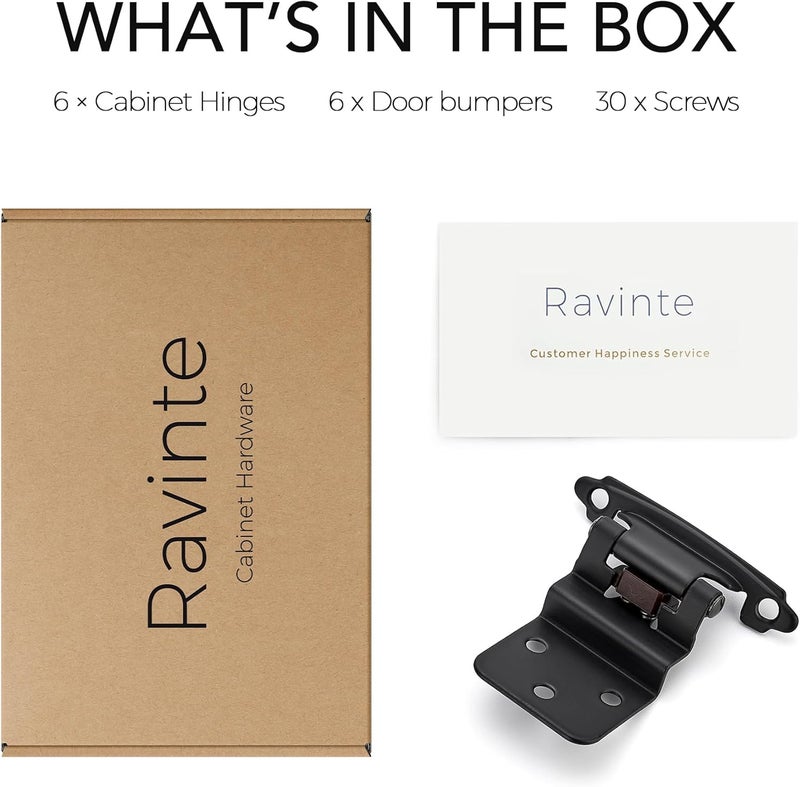 Ravinte 6 Packs (3 Pairs) 3/8" Inset Matte Black Cabinet Hinge,Self Closing Hinges for Kitchen/Bathroom/Furniture Cabinets & Doors,Decorative Cabinet Hardware Kitchen Cabinet Hinges with Door Bumper - Image 4