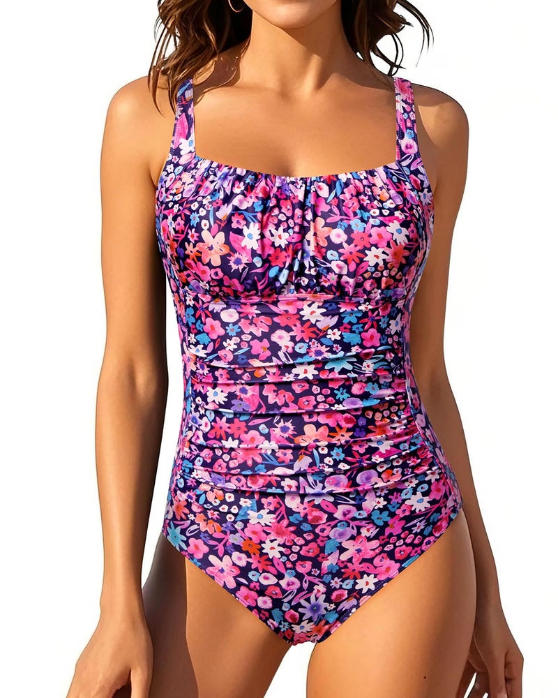 Aqua Eve One Piece Bathing Suit for Women Tummy Control Swimsuit Slimming Vintage Swimwear Pink Floral L - Image 1