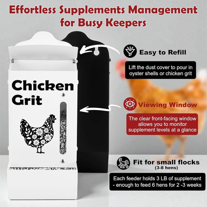 woobud مجموعة أوعية تغذية الدجاج من CluckRoots تحتوي على حبيبات الدجاج وقشور المحار، تصميم مقاوم للعوامل الجوية ومتين، خزان معدني قابل للإزالة ومثبت على الجدار مزود بنافذة مراقبة، إضافات أساسية للعش مصممة لمربي الدجاج المشغولين. - Image 4